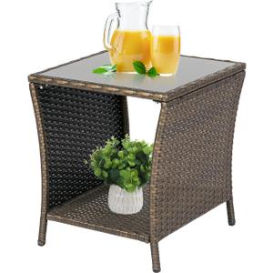 Kinfant Wicker Rattan Coffee Table - Square Tempered Glass Top Furniture with Storage for Outdoor Backyard Lawn Balcony Pool Patio