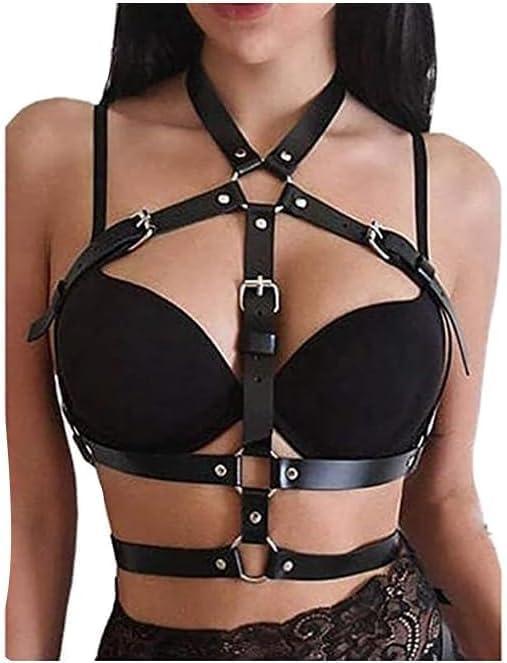 Black Punk Leather Chest Corset Body Waist Chain Belt Adjustable Body Accessories For Women, Girls