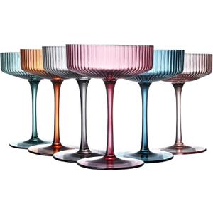 Art Deco Colored Vintage Coupe Glasses, Ribbed Crystal Handmade Martini, Cocktail & Champagne Glasses, Perfect for Dessert, Manhattan, Cosmopolitan, Gimlet, Pisco Sour - 7Oz