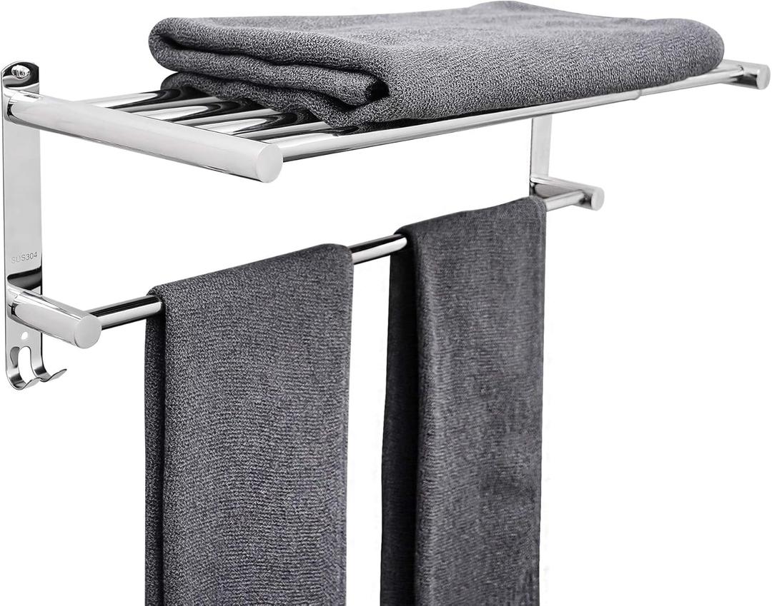 Towel Bars Retractable 20-30 Inche Stainless Steel 304 Bath Towel Rack Strong 3M Adhesive Bathroom Wall-mounting Free mounting Hole-Installing washroom Kitchen Space Saving 2-Tier Shelf Towel Rack