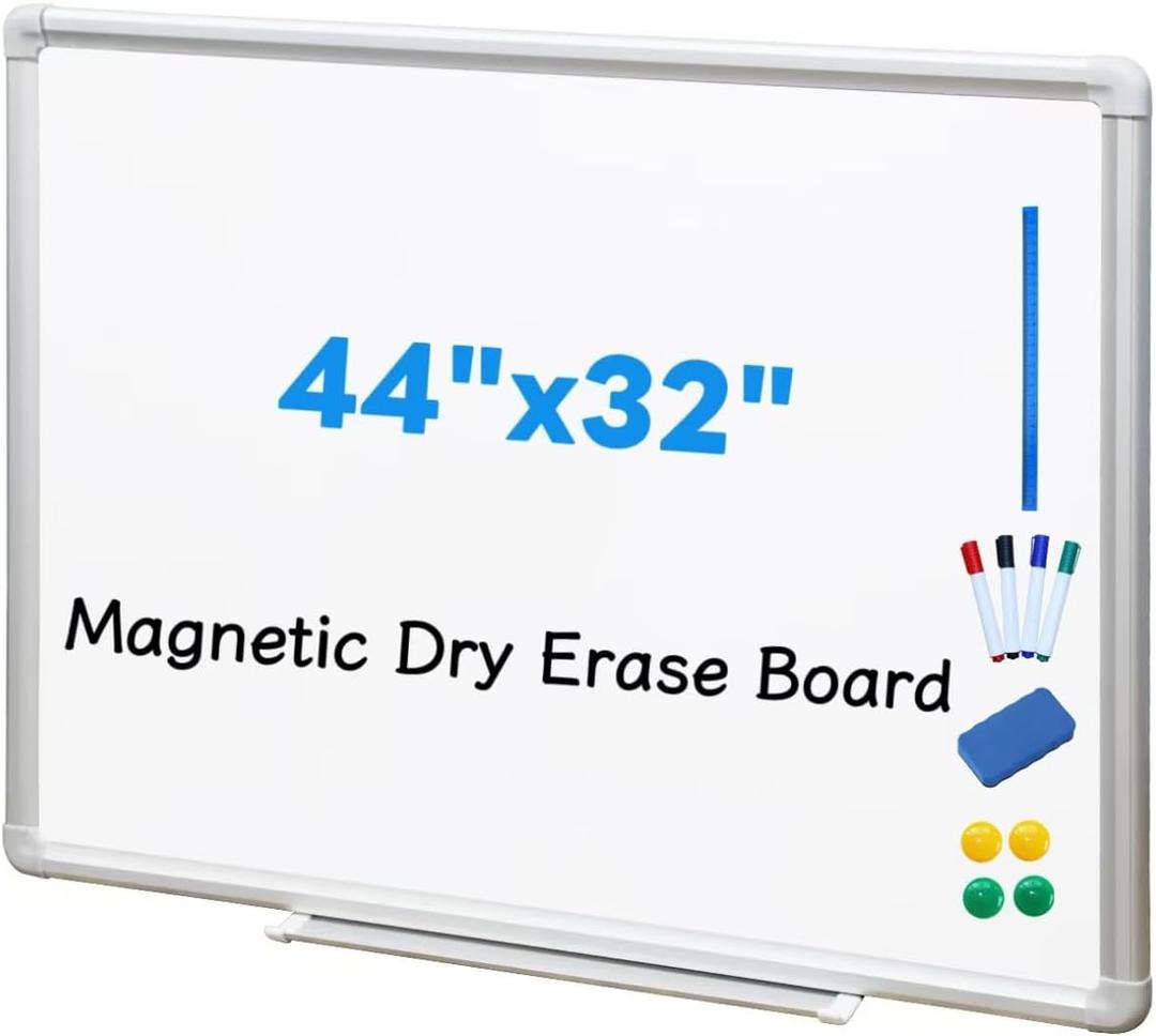 DEVELOP Magnetic White Board Dry Erase, 32 x 44 Inch, Dry Erase Board Aluminum Frame for Wall, Hanging Whiteboard with Detachable Marker Tray for Planning, Kitchen, Memo, School, Home, Office