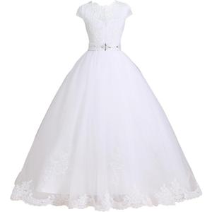 LSSAWZH First Communion Dress Flower Girl Dress Appliqus Tulle Lace Puffy Bridesmaid Pageant Ball Gown Wedding Floor Length (10, White)