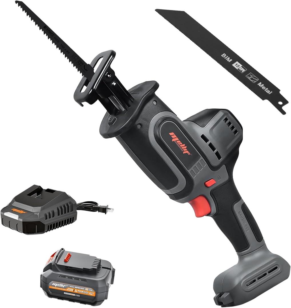 Mellif Brushless Reciprocating Saw Compatible with Dewalt 20v Max Battery, with 20V 4.0Ah Battery & Charger, 1" Stroke Length, 3000 SPM, Variable Speed, Quick Blade Change, LED Light