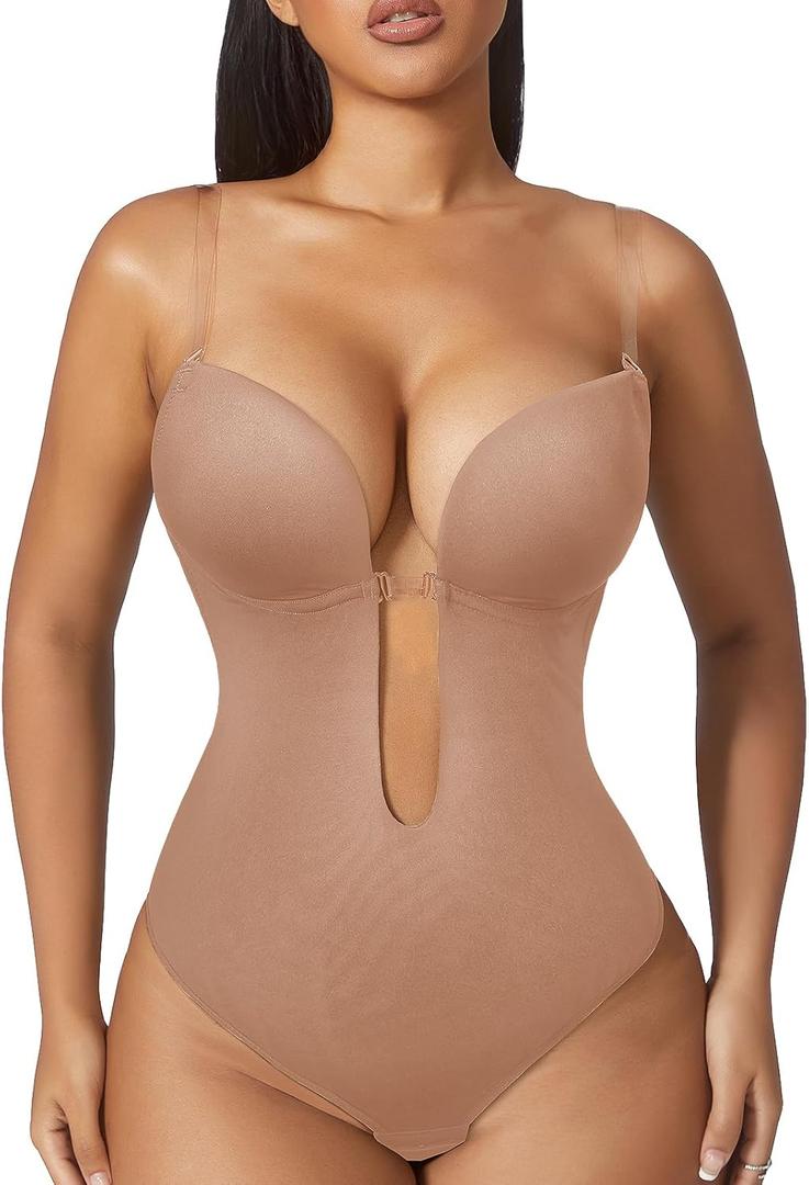 Slimers Women Shapewear Backless Body Bra Shaper Womens Plus Size Plunge Invishaper Low Back Thong Bodysuits Open Crotch Daily Use((Skin Pink XL)