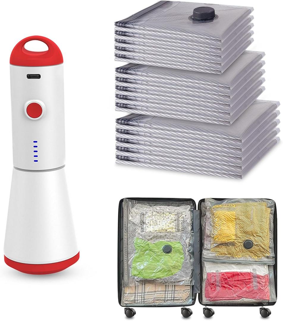 Travel Vacuum Storage Bags with Rechargeable USB Pump, 15 Pack Carry-On Size Compression Packing Bags for Luggage and Suitcase, Space Saver for Clothes and Clothing Travel