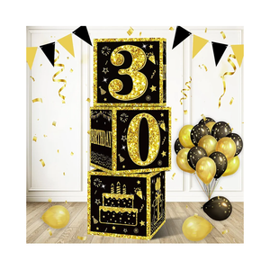 Eiurteao 3pcs 30th Birthday Decorations Boxes for Men Women, Black Gold Happy 30 Birthday Balloons Boxes Party Supplies, 30 Year Old Bday Theme Cardboard Box