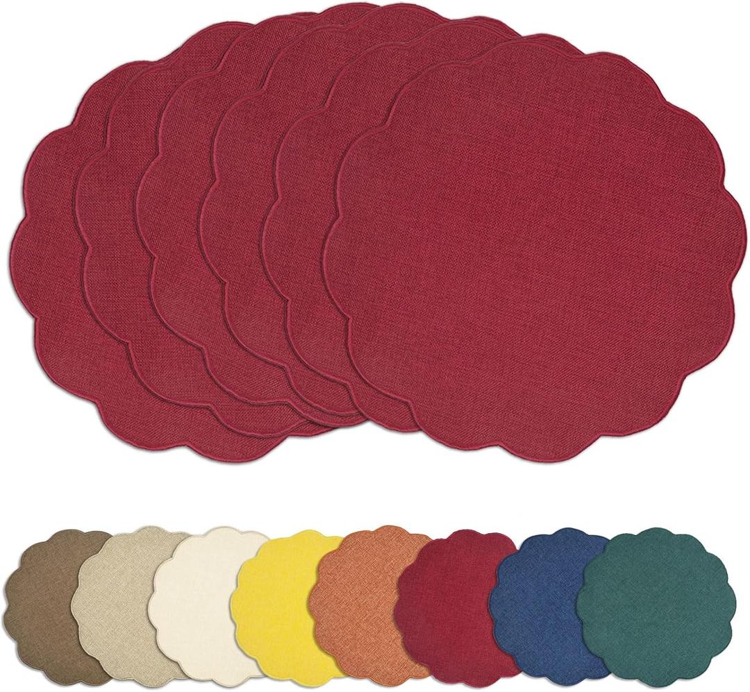 AHHFSMEI Round Faux Linen Placemats Set of 6 Waterproof Table Mats Heat Resistant Non-Slip and Stain Proof for Kitchen Dining Elegant Decor (Burgendy red,6)