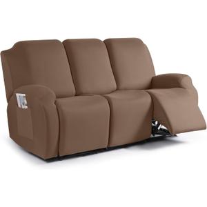 TAOCOCO Recliner Sofa Slipcover, 3 Pieces Polyester Fabric Stretch Sofa Covers for 3 Seat Reclining Couch, Soft Washable Furniture Protector with Pockets (3 Seat, Light Coffee)