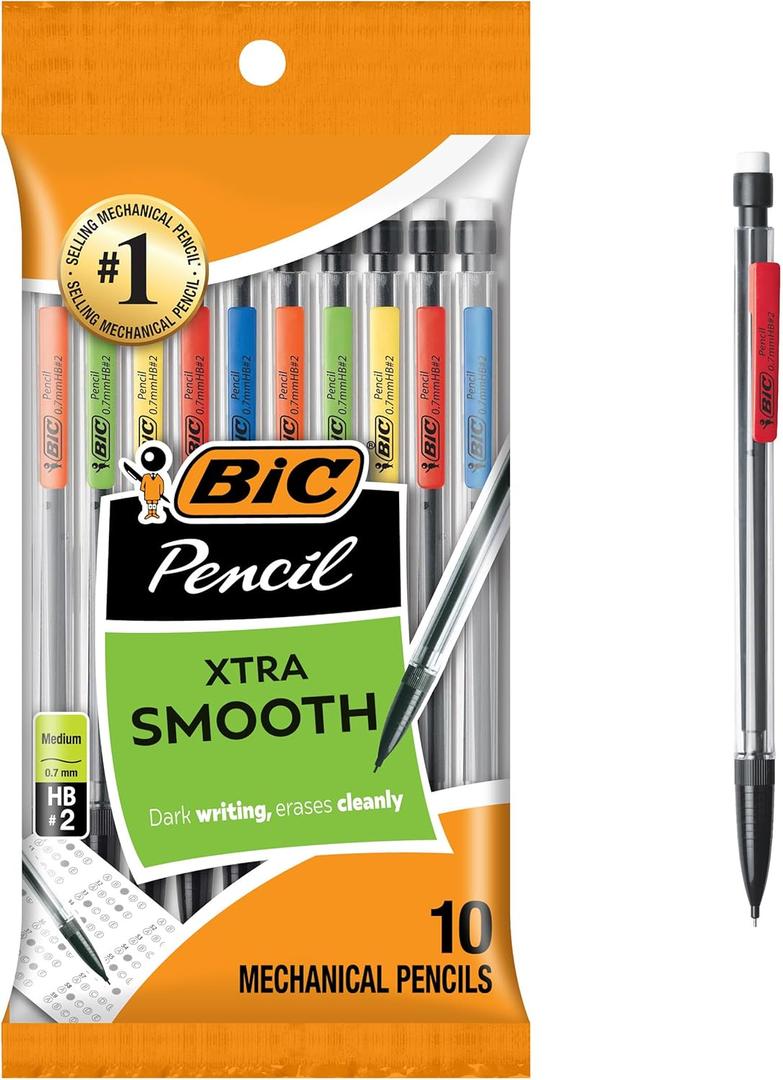 BIC Xtra-Smooth Mechanical Pencils with Erasers, Medium Point (0.7mm), 10-Count Pack, Bulk Mechanical Pencils for School or Office Supplies