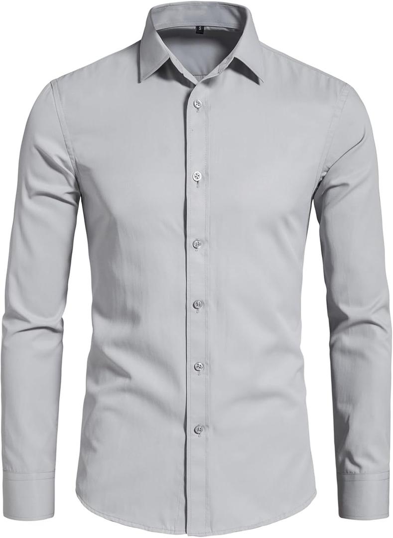 BEILU Stretch Mens Slim Fit Dress Shirts Formal Long Sleeve Button Down Shirts (Large, Light Grey)