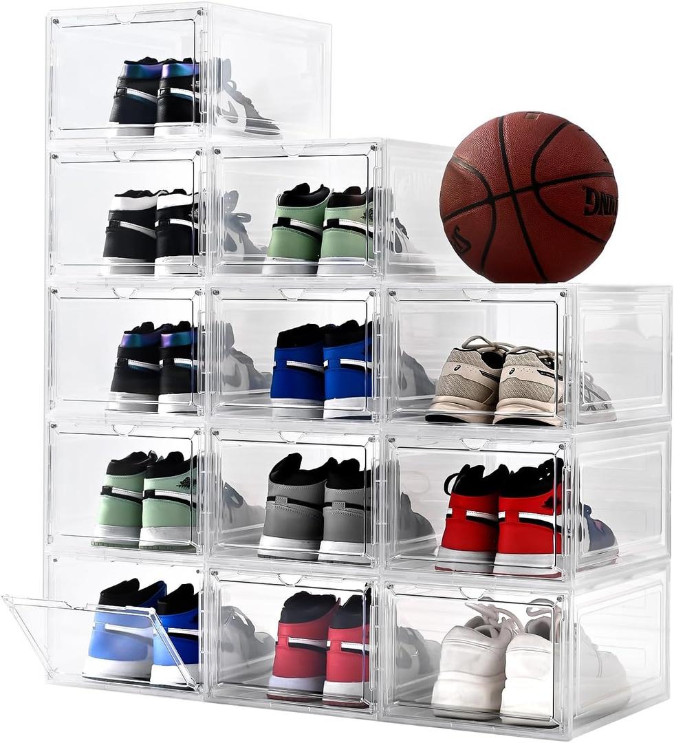Shoe Organizer,Thicken & Sturdy Shoe Boxes with Magnetic Door,Stackable Plastic Shoe Storage Boxes Containersfor Sneakers,13.5" x 10.5" x 7.4" (Clear, 12 Pack)