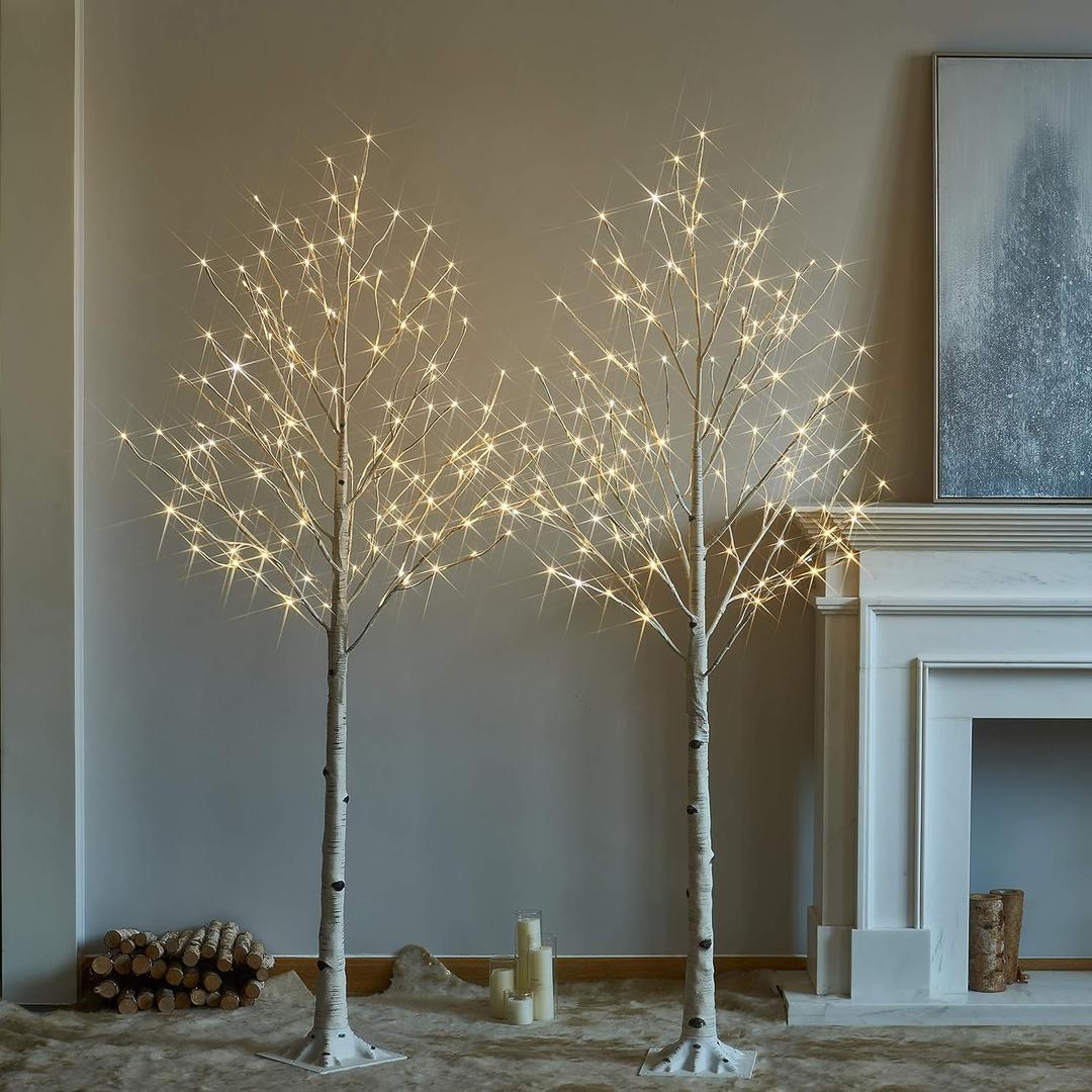 Hairui Pre Lit Birch Tree 2 Pack 6FT 128 Warm White LED White Twig Tree Lights for Indoor Outdoor Home Spring Easter Christmas Holiday Decorations