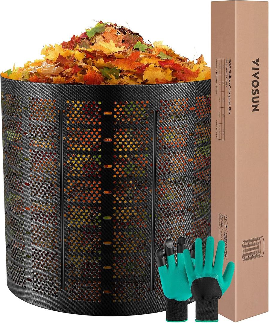 VIVOSUN 300 Gallon Outdoor Compost Bin, Expandable Composter, Easy to Setup & Large Capacity for Backyard, Lawn (Black with Gloves)