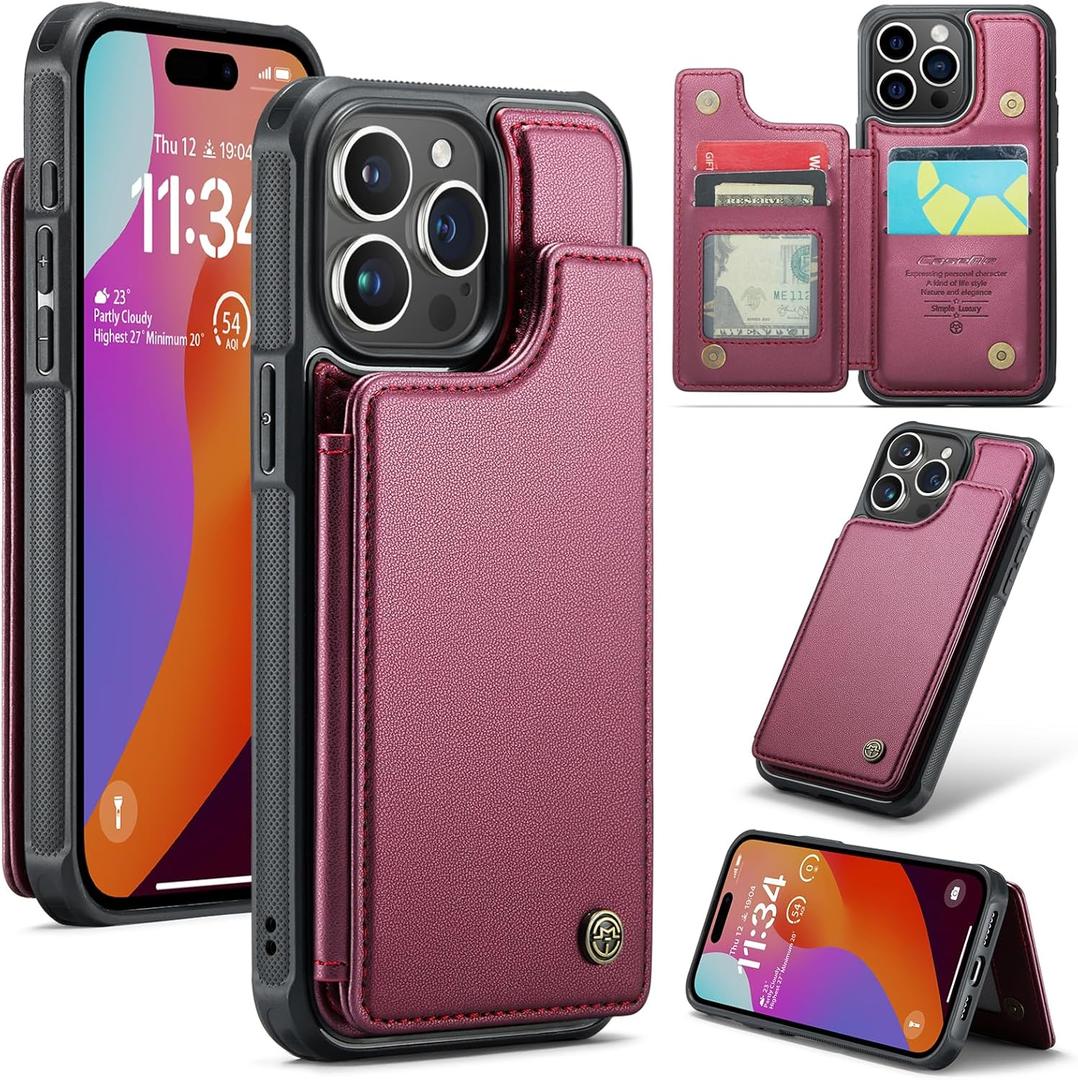 Bemal for iPhone 15 Pro Wallet Case with Card Holder, RFID Blocking, Shockproof Leather Kickstand for Men and Women, Durable Protective Phone Cover for 6.1", Wine Red