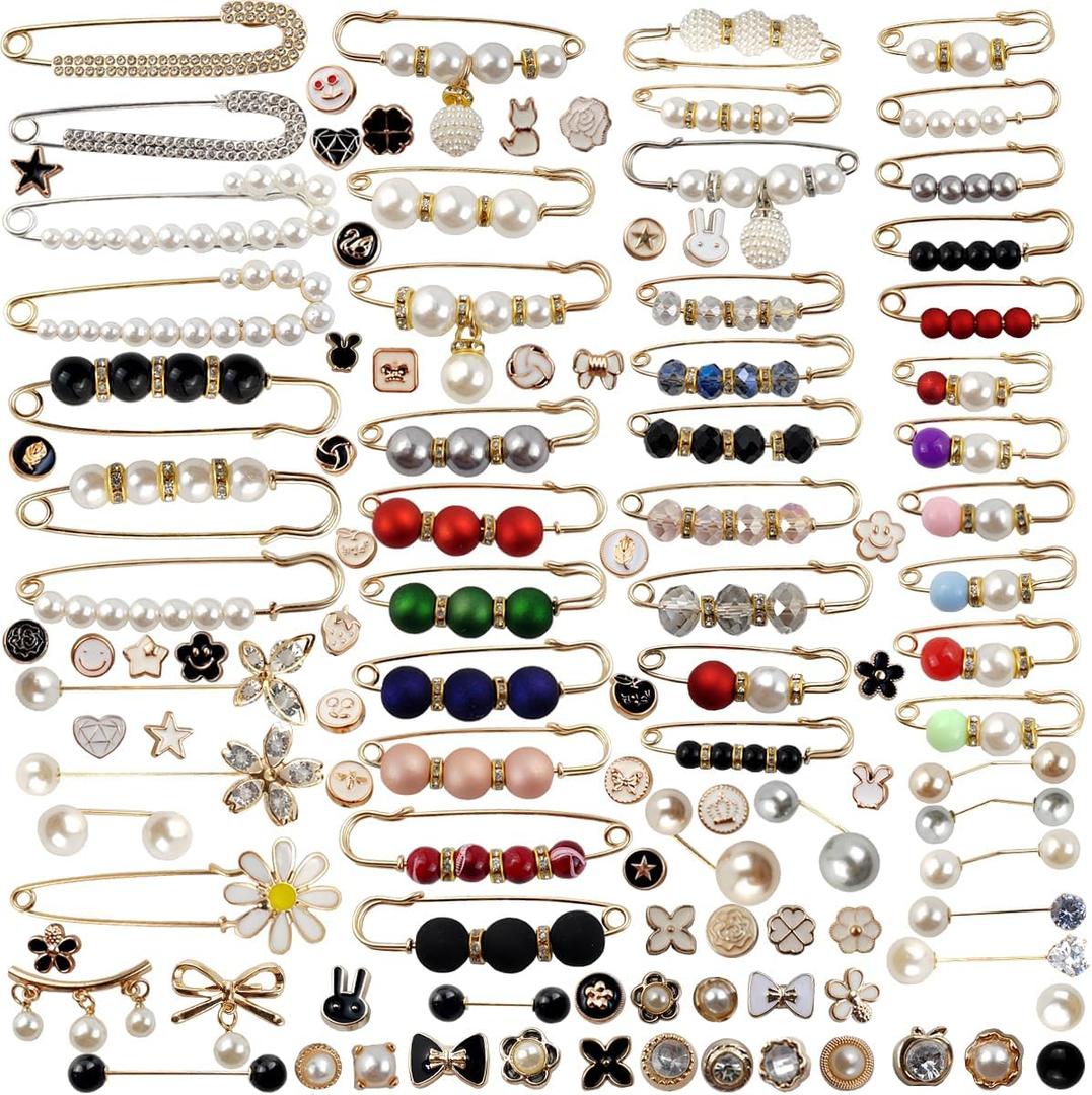 TIHOOD 110PCS Pearl Brooch Pins Women Decorative Safety Pins Pant Clothing Shawl Clips Artificial Pearls Brooch Elegant Pearl Cardigan Collar Brooch Clips Waist Tightener Safety Pins