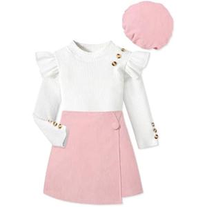 MIGU Girls Clothes Ruffle Long Sleeve Round Neck Button Top Skirt Short Beret Fall Outfit 3 Piece Skirt Set, 7-8Y