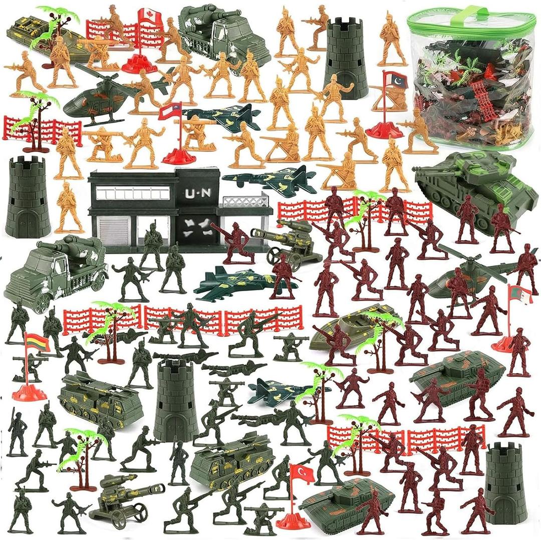 3 otters 307 Piece Army Men Military Set, Military Battle Toy Set Play Figure Playsets for Kids Boys, Plastic Soldiers with Vehicles & Accessories, for Grandkids, with Storage Container