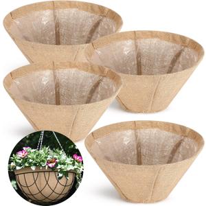 Novabright 4 Pack Round Burlap Liners with Drainage Hole and Plastic Interior Liner 14 Inch Rustic Burlap Planter Liner for 14" Diameter Hanging Baskets