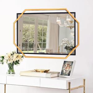 Modern Bathroom Mirror, 36" x 24" Black and Gold Decorative Wall Mirror with Modern Octagonal Metal Frame, for Living Room, Dining Room, Entryway