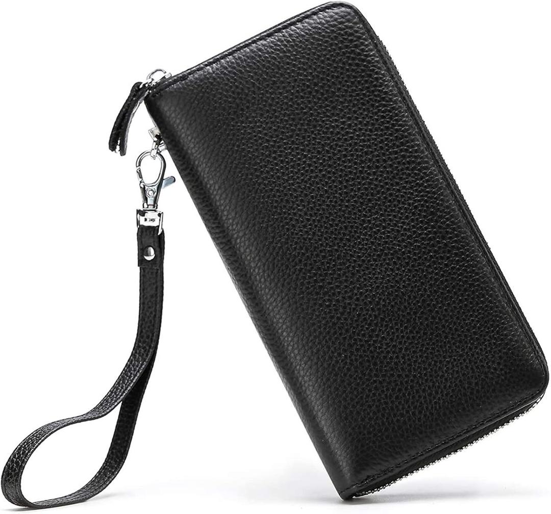 Womens Wallet RFID Blocking Genuine Leather Zip Around Wallet Clutch Wristlet Travel Long Purse for Women (Black)
