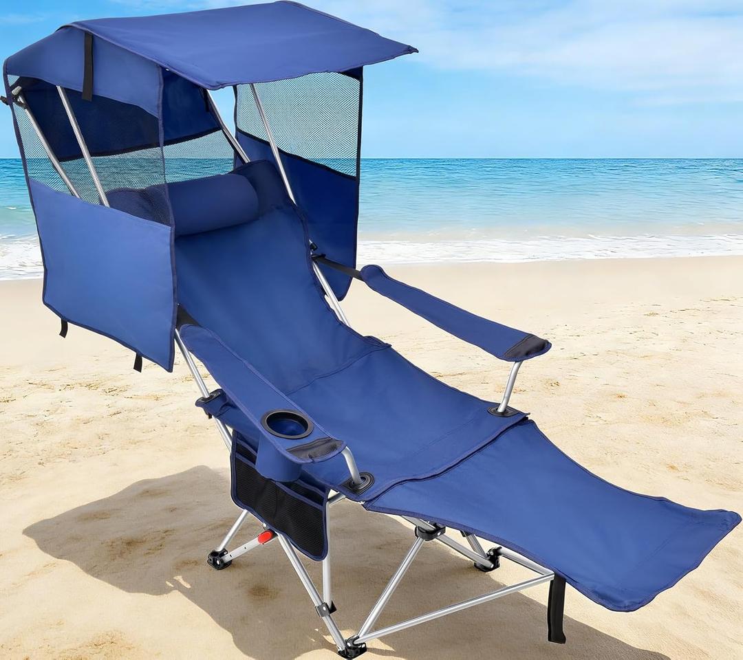 East Oak Reclining Camping Chair with Canopy & Foot Rest | 4-Position Folding Beach Chair with Adjustable Canopy, Detachable Foot Rest, Supportive Headrest, 330 lbs Canopy Chair (Blue)