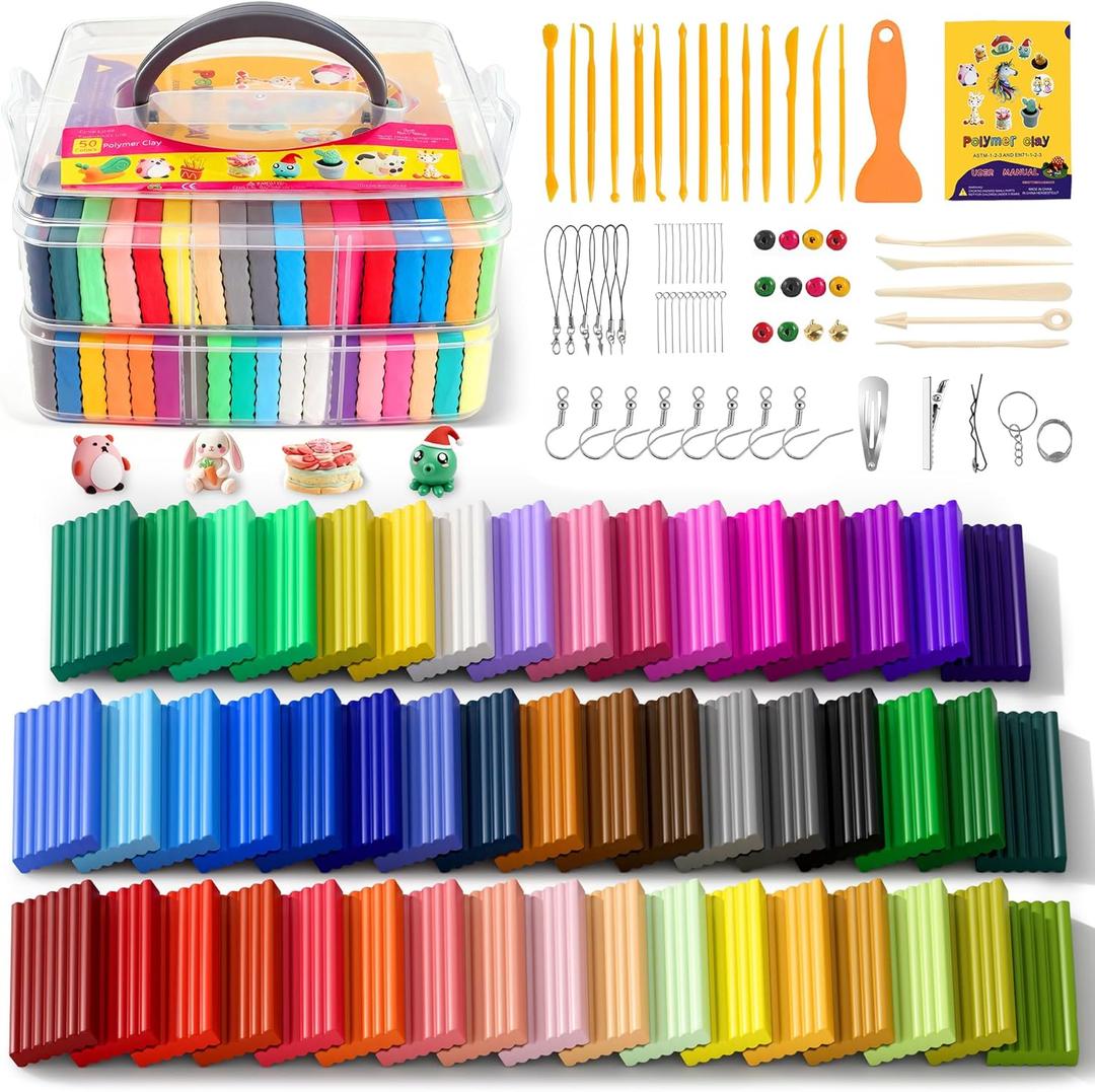 50 Colors Polymer Clay kitModeling Clay with Sculpting Tools for Starter,Oven Bake DIY Model Clay,Non-Toxic, Non-Sticky,Gift for Kids Adults