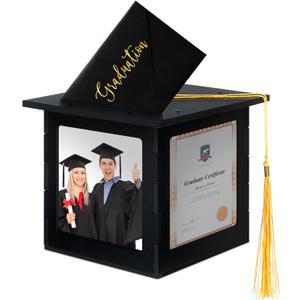 Menkxi 2026 Wooden Graduation Card Box Holder for Party with Picture Frame Graduation Cap Shaped Gift Card Box Decorations with Tassel for Grad College Party Favors(Black)