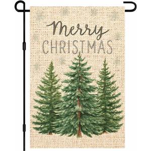 IVN Christmas Rustic Pine Tree Trio with Snowflakes and Merry Christmas Text Coarse Linen Garden Flag 12x18inch Linen Double-Sided Outdoor Yard Flag Suitable for Porches and Yards