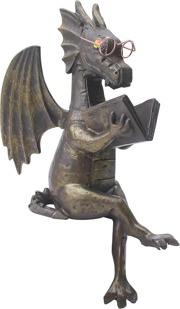 Dragon Reading Book Statue Figurine Sculpture, Wearing Glass Dinosaur Mini Cute Small Creative Ornament for Garden Bookshelf Decorations Adult Shelf Home Landscaping Outdoor Desktop Housewarming