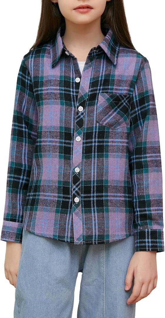 Betusline Girls' Plaid Flannel Shirt, Kids Long Sleeve Button Button Shirts Tops, F Purple & Green, 8-9 Years= Tag 150