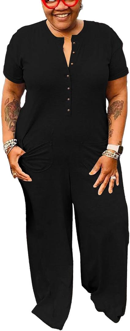 YeGine Plus Size Women Short Sleeve Loose Jumpsuit Casual Rompers One Piece Button Up Wide Leg Jumpsuits (5X-Large Plus, 2-black)