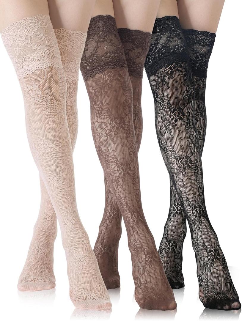 Fourluoo 3 Pairs Women's Lace Socks Thigh High Stocking with Lace Trim Fishnet Lolita Boot Socks Hollow over Knee Stockings (Medium, Black, Skin Color, Brown)