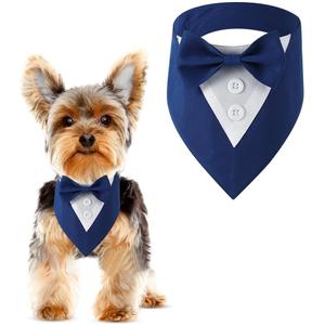 Dog Wedding Bandana, Formal Dog Tuxedo Adjustable Pet Collar with Bow,  Wedding Clothing, Birthday Gifts for Dogs (Medium, Blue)