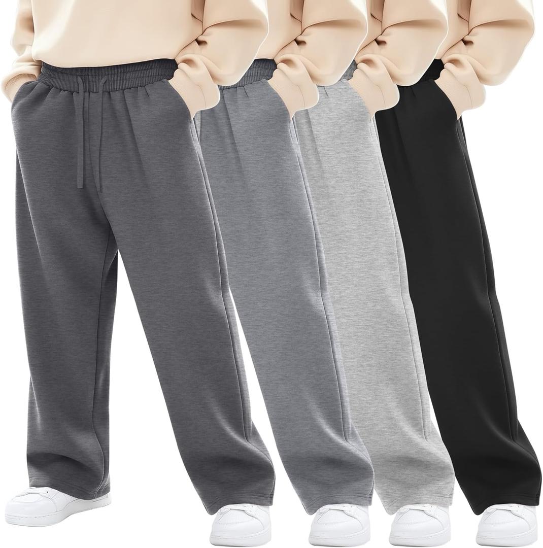 4 Pack Boys Baggy Sweatpants Teen Youth Straight Leg Open Bottom Casual Pants Basic Athletic Workout Kids Joggers (X-Large, Dark Gray, Light Gray, Gray, Black)
