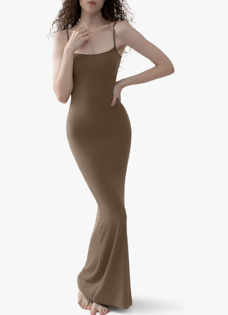 PUMIEY Women's Soft Lounge Long Slip Dress Sexy Sleeveless Backless Bodycon Maxi Dresses for Women Hazelnut, Small size