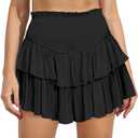 MiiVoo Women's High Waist Ruffle Flowy Mini Skirts Stretchy Waist Solid Lined Layered Pleated Casual Beach Short Skirt (Medium, Black)