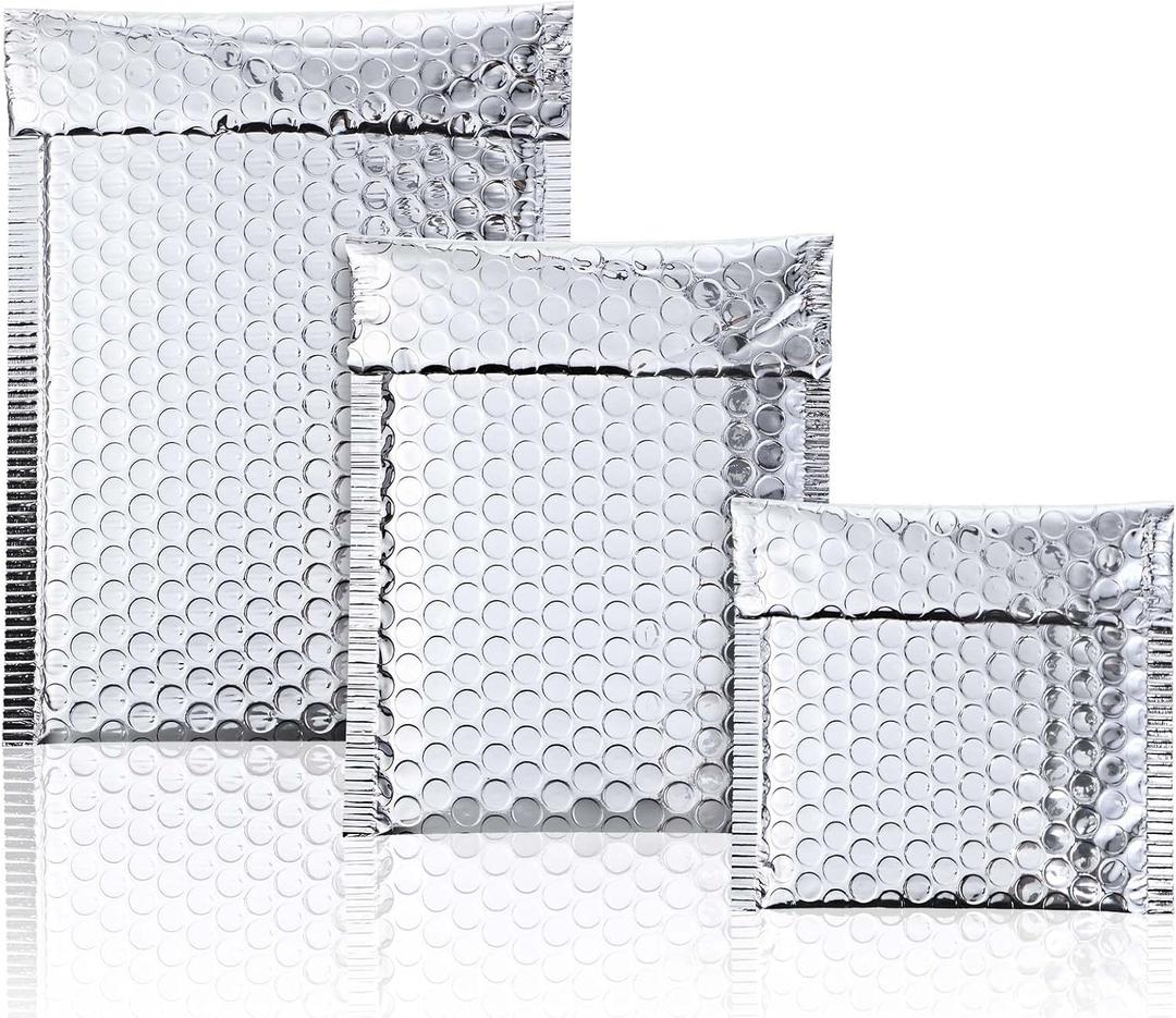 50 Pieces Bubble Mailers 3 Sizes Self Seal Adhesive Poly Mailers Metallic Foil Glitter Padded Shipping Bubble Envelopes for Valentine Mailing Packing Small Business (Silver)