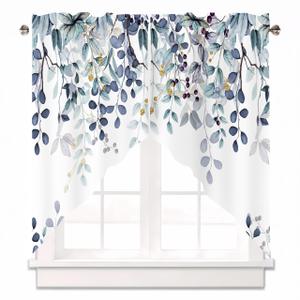 Dark Blue Eucalyptus Swag Curtain Valance for Windows,Watercolor Leaves Window Treatments Short Swag Topper for Kitchen Windows Bathroom Bedroom,28 x 36 Inch, 1 Pair