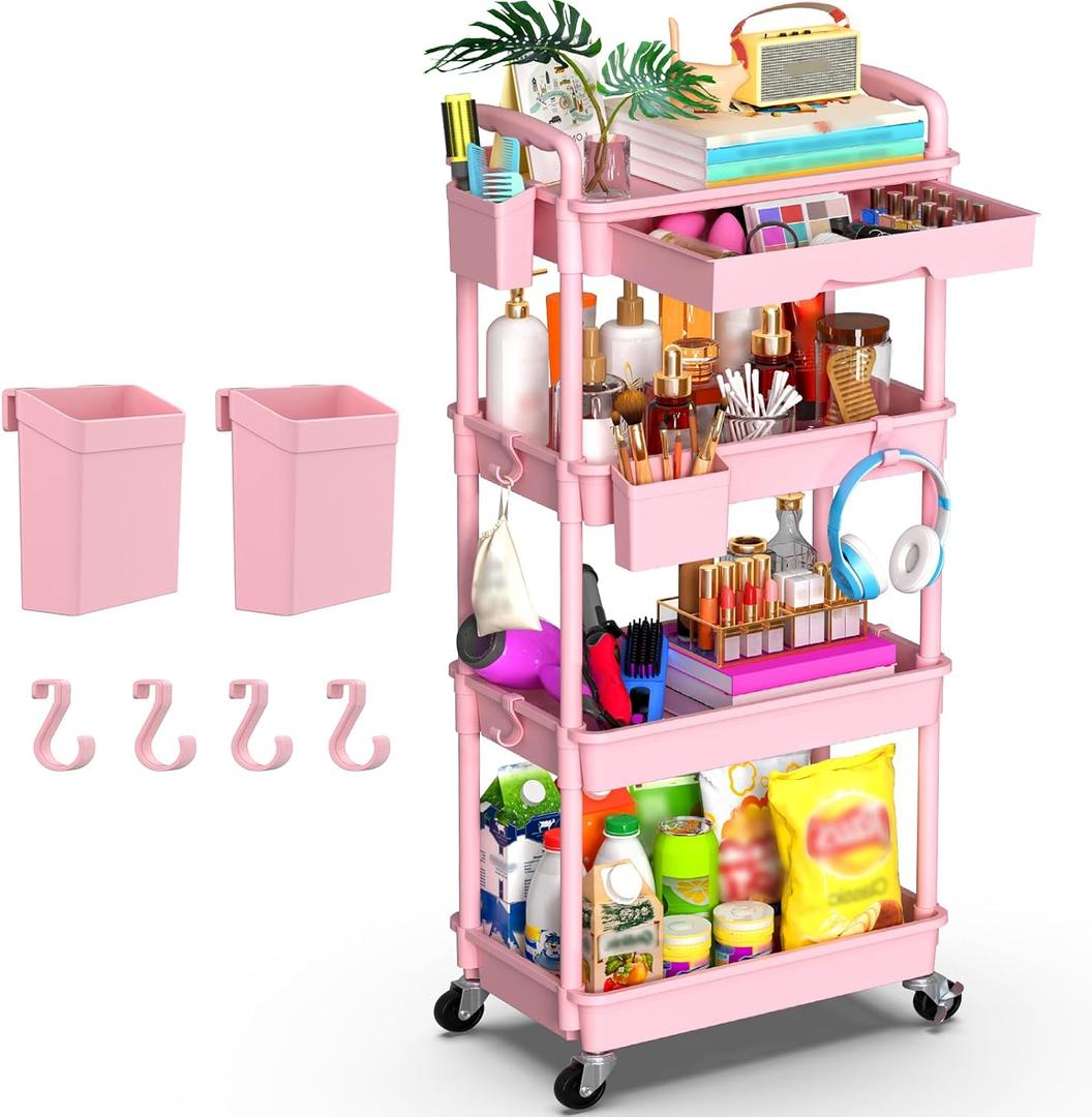 Goovilla 4 Tier Rolling Utility Cart Organizer with Removable Drawer, Stable and Sturdy Pink Rolling Storage Carts with 2 Lockable Wheels for Bathroom, Kitchen, Snack, Craft, Makeup, Baby Essentials