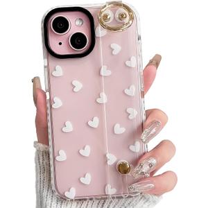 NITITOP Compatible with iPhone 15 Case Clear Cute Pattern Design for Women Girls with Wrist Adjustable Hand Strap Kickstand Grip Holder Soft TPU Slim Protective Phone Cover - Love Hearts