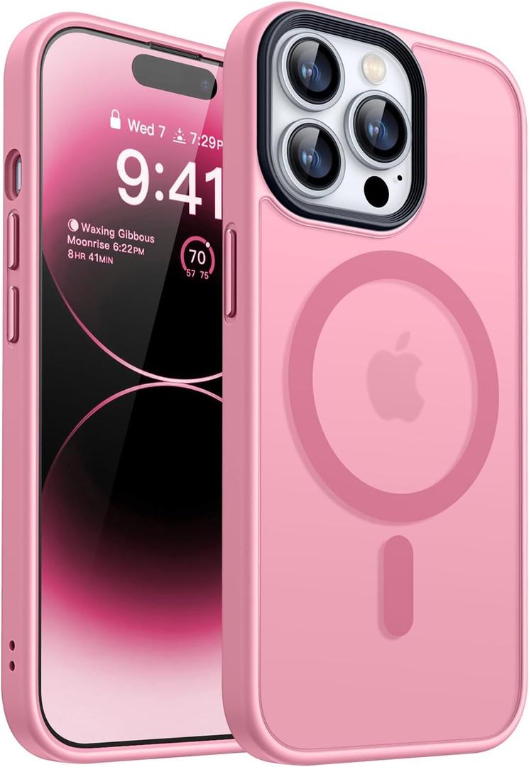 CANSHN Magnetic Compatible with iPhone 14 Pro Max Case [Translucent Matte] [Compatible with Magsafe] Slim Thin Shockproof Protective Bumper Cover Phone Case 6.7 Inch - Pink