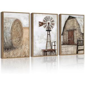 Drsoum Farmhouse Wall Art Vintage Rustic Windmill Barn Cornfield Pictures Framed Painting Landscape Countryside Rural Canvas Artwork Home Decor Ready to Hang 11x14in - Natural Framed