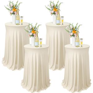 Tegeme 4 Packs Round Spandex Cocktail Tablecloths with Skirt 32 x 43 Inch Cocktail Round Table Cover Spandex Stretch Square Tablecloth Skirt for Table Bar Wedding Party Banquet (Beige)