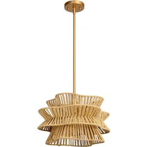 Woven Pendant Lights 16" Boho Wicker Chandelier, Country Cottage Hanging Lamp with Handmade Rattan Lampshade for Kitchen Island Farmhouse Dining Room Bedroom Foyer Hallway (Gold)