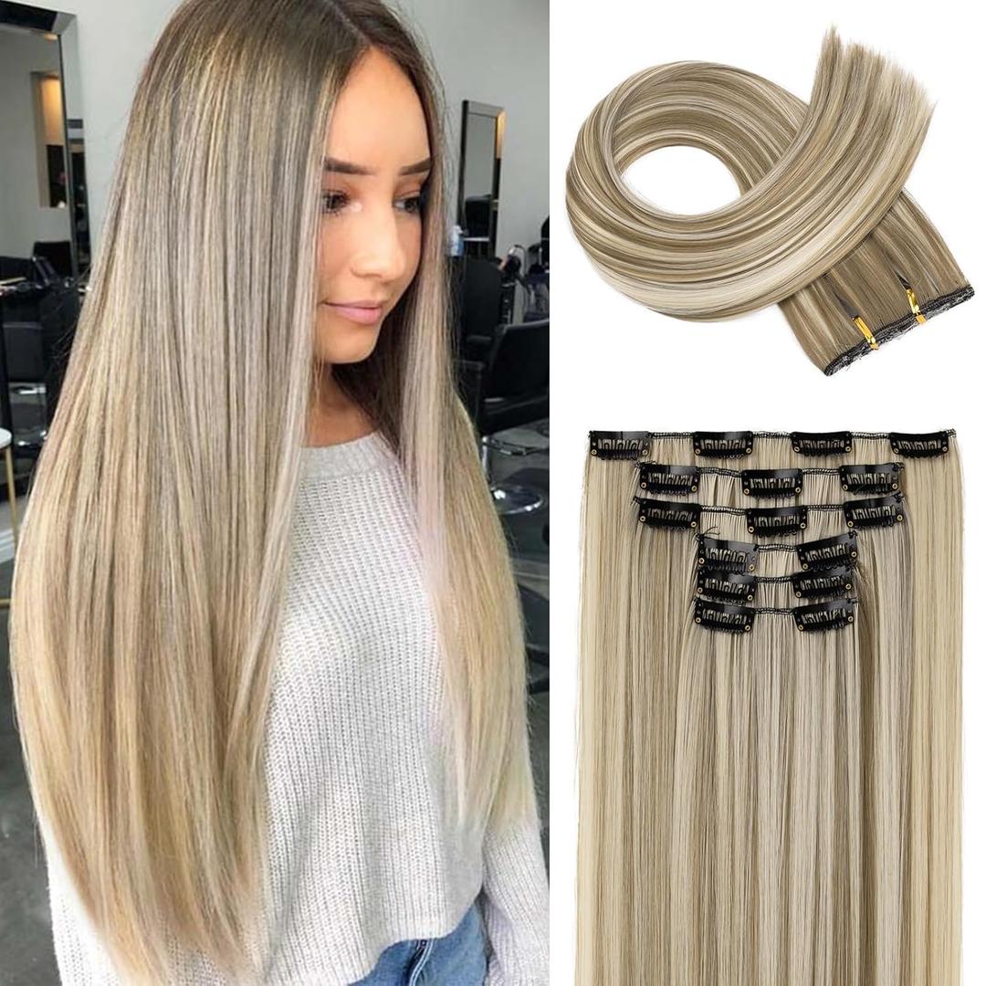 FLUFYMOOZ 6PC Clip in Hair Extensions 24" Straight Long Extensions for Women Synthetic Hairpiece (Ash Brown with Blonde Highlights) FLUFYMOOZ 6PC Clip in Hair Extensions 24" Straight Long Extensions for Women Synthetic Hairpiece (Ash Brown with Blonde Highlights)