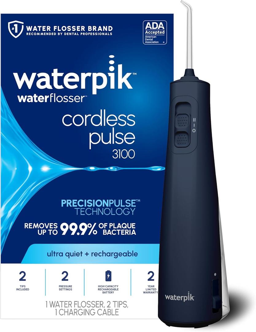 Waterpik Cordless Pulse Rechargeable Portable Water Flosser for Teeth, Gums, Braces Care and Travel with 2 Flossing Tips, Waterproof for Shower, ADA Accepted, WF-20 Blue, Packaging and Tips 
