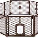 MyPet 8-Panel Petyard Passage: 6.5 ft. Wide 26 in. Tall Brown Freestanding Customizable Folding Pet Enclosure with Lockable Pet Door; Indoor/Outdoor Puppy Playpen Made in USA (Espresso)