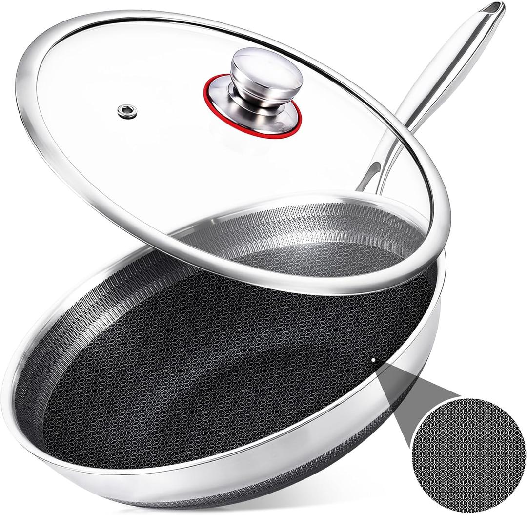 LOLYKITCH 13 Inch Hybrid Nonstick Wok with Lid, Double-Sided Honeycomb Stainless Steel Wok Pan, Long Handle, Induction Compatible, Oven & Dishwasher Safe