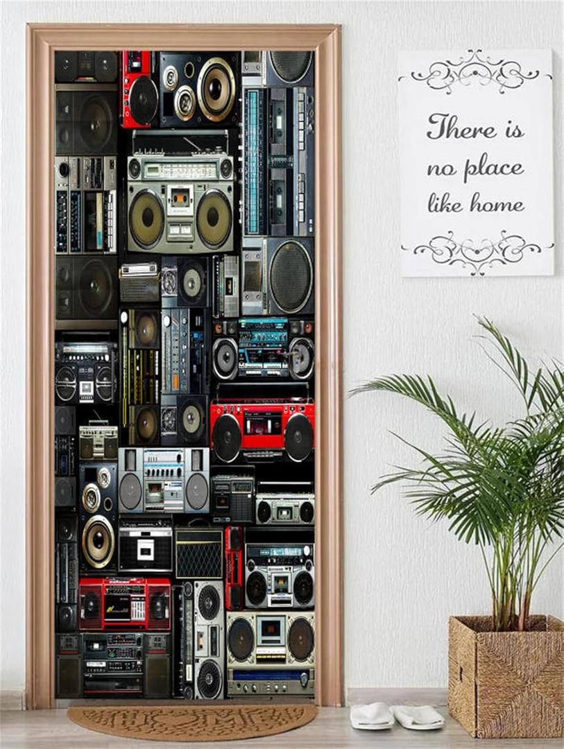 artfanke 3D Door Sticker Peel and Stick 30.3"x78.7"-Self-Adhesive Wallpaper Waterproof Door Mural Decal-Vintage Radio Boombox of The 80s Wall Poster for Home Decor (2 Sheets/Set) (A0006)