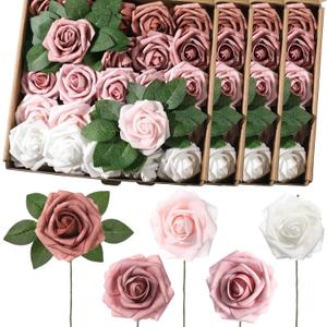 100 Pieces Artificial Foam Rose Flowers Faux Bouquet with Leaves and Stems for DIY Wedding Bouquets Centerpieces Bridal Shower Party Valentine Home Decorations(Shades of Dusty Rose)